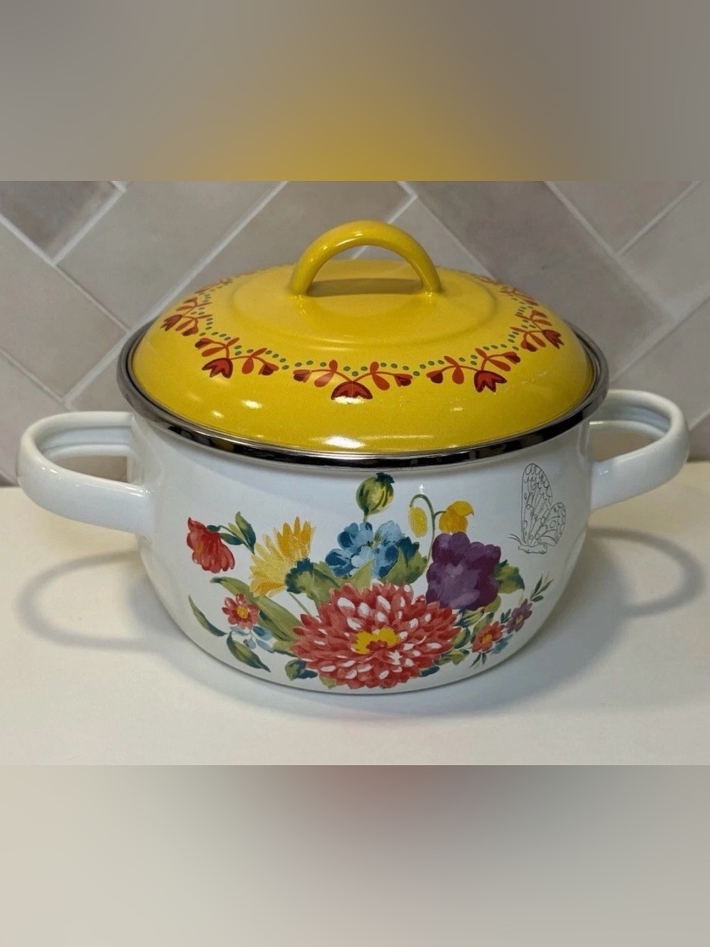 The Pioneer Woman Breezy Blossom 1.05 Qt Enamel Steel Stockpot w/ Lid, Handles